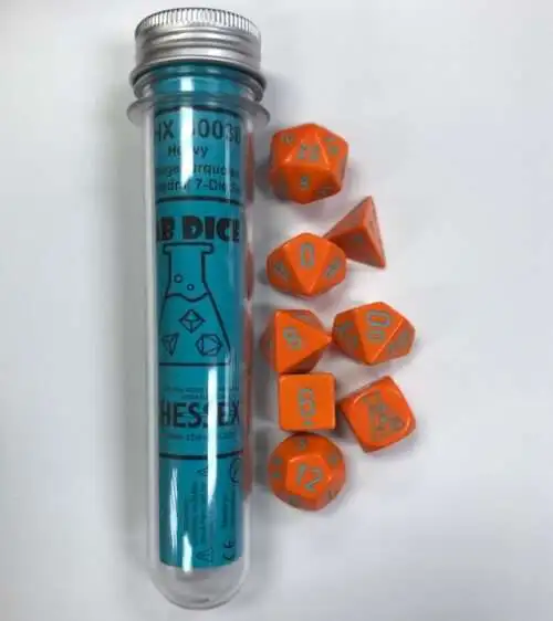 Brand new 👏 Chessex Heavy Orange / turquoise Polyhedral 7-Die Dice Set 😀