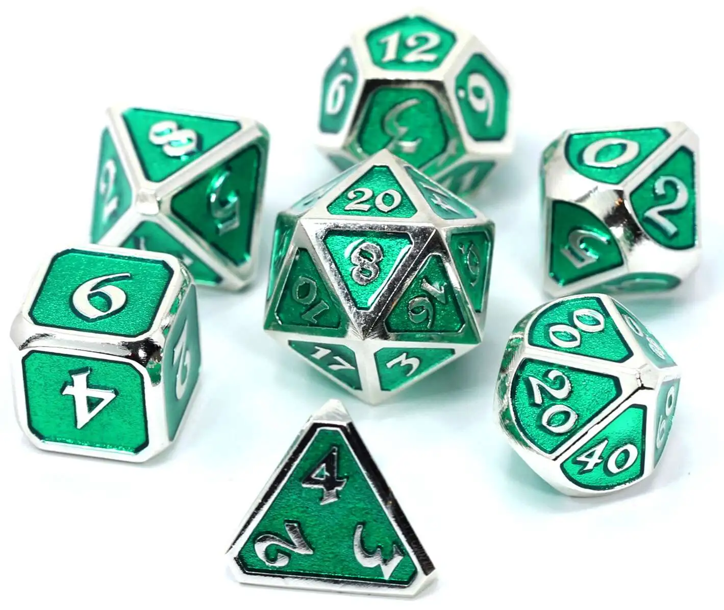 Best Sale ๐ Mythica Platinum Emerald Metal Polyhedral 7-Die Dice Set ๐
