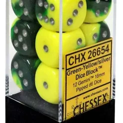 Promo 🤩 Chessex 6-Sided d6 Gemini 16mm Dice Pack #26654 [Green-Yellow/Silver] 🛒