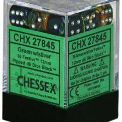 Outlet 🛒 Chessex 6-Sided d6 Festive 12mm Dice Pack #27845 [Green & Silver] 🥰